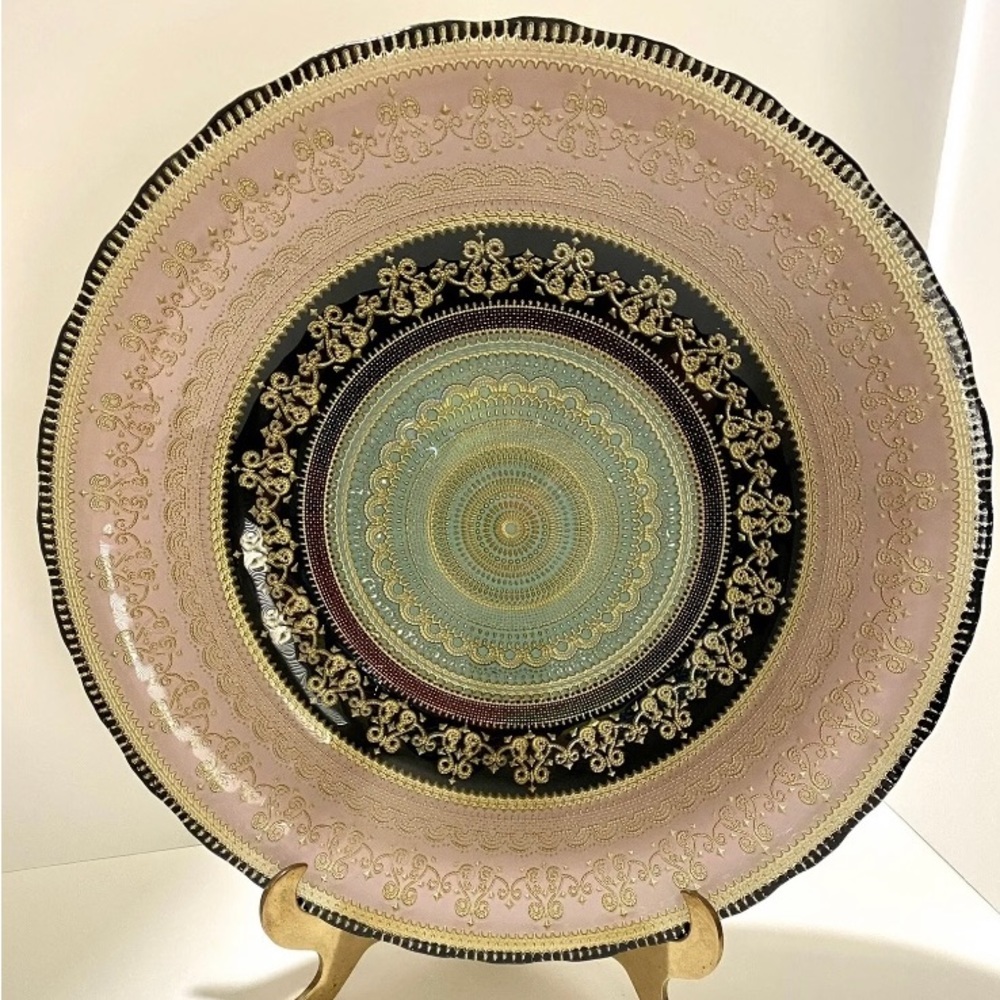Turkish Anatolia Mandala Bowl 16" Handmade Forged Glass Pink Green Black Gold
